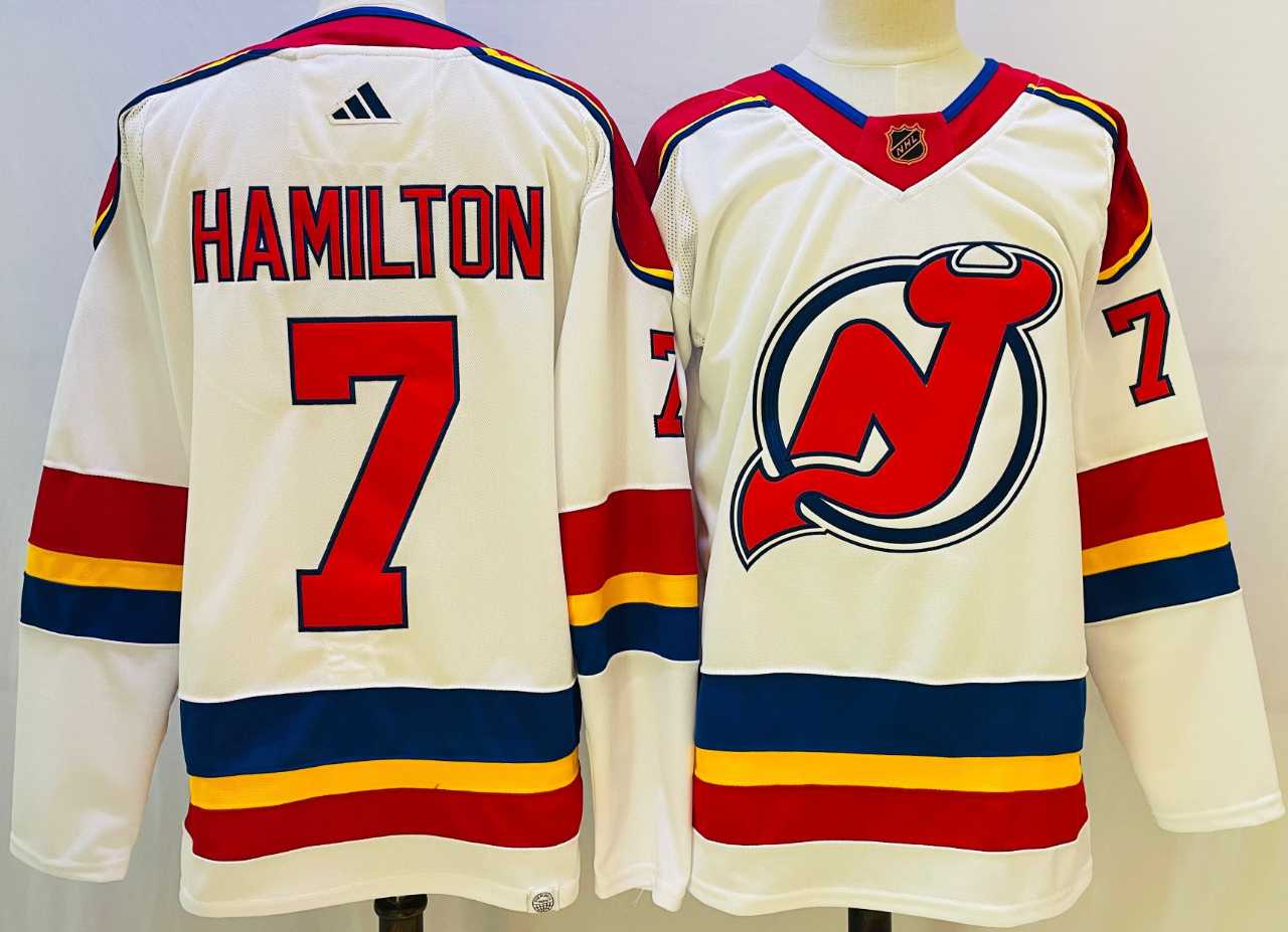 Mens New Jersey Devils #7 Dougie Hamilton White 2022 Reverse Retro Authentic Jersey